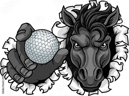 Horse mustang bronco stallion angry golf sports team mascot holding a ball.