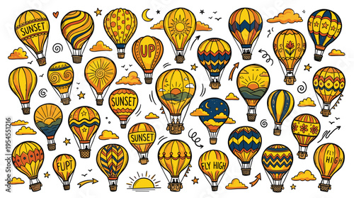 Hand drawn doodle set of colorful hot air balloons for travel and adventure design