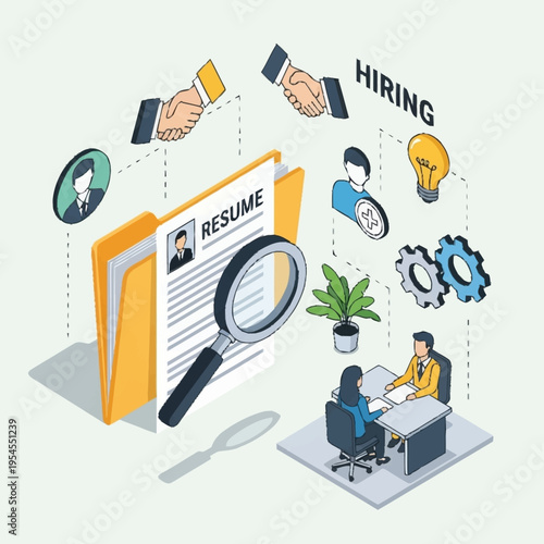 Illustration of the hiring process, showcasing resume review, interviews, and successful job placement with handshake icons.