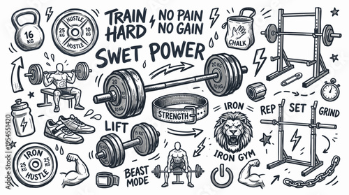 Hand drawn gym and fitness equipment doodles set