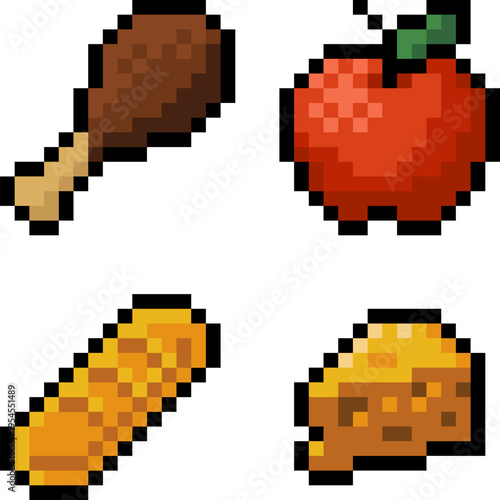 Pixel art food items video game asset icons in retro 8 bit style. Fantasy video game UI set with meat, apple, bread loaf and cheese for RPG inventory, crafting, survival and adventure design.