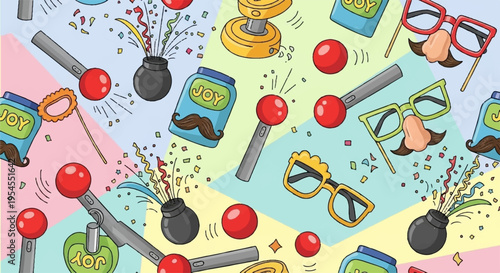 Whimsical party popper design with colorful glasses and confetti on pastel background for celebrations