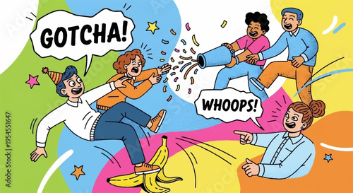Comical cartoon illustration of playful friends having fun with silly expressions and speech bubbles on colorful background
