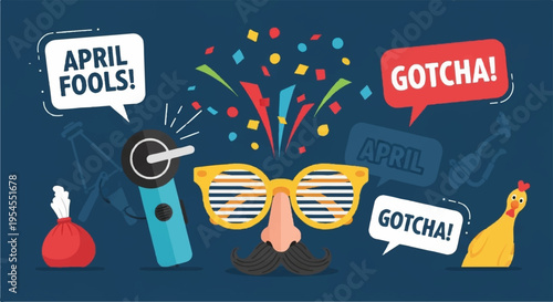 Colorful april fools prank celebration with confetti and humorous speech bubbles on dark blue background