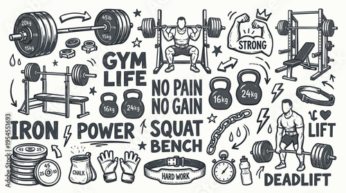 Gym Life Fitness Training Equipment Doodle Set