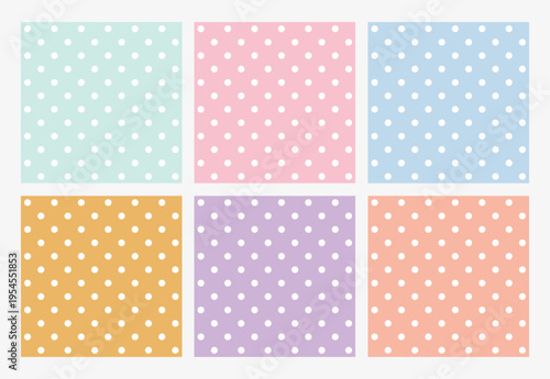 Pastel dots grace soft, uniform backgrounds. Each square holds a gentle, repeating pattern. Colors whisper calmness-mint, rose, sky, amber, lavender, peach. Ideal for design, stationery