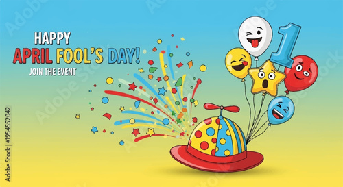 Colorful april fools' day celebration with confetti and balloons on yellow background