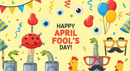 Whimsical april fool's day illustration with playful props and colorful confetti on yellow