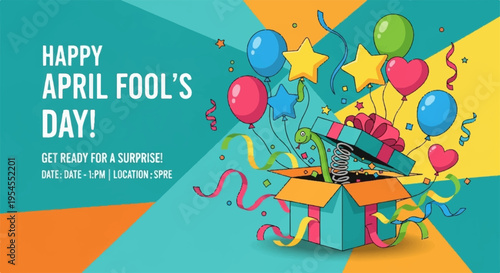 Vibrant april fools' day celebration with colorful balloons and gift box on geometric background
