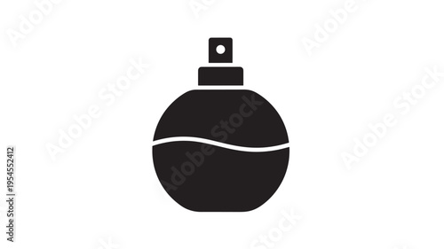 Perfume bottle icon with a round body and black spray nozzle, minimalist design featuring fragrance, cosmetic, beauty with aroma and scent elements