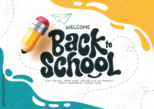 Welcome Back to School greeting clipart background design. Back to School greeting with lettering editable text in grid line space blue and yellow abstract background with pencil for educational