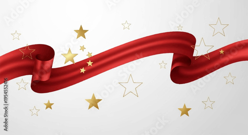 Red ribbon with gold stars on white background festive decoration element for celebration party or special occasion