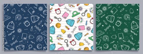 School Seamless pattern clipart poster set. Back to School seamless pattern with colorful school supplies drawing doodle icons background template clip art for educational stationery wallpaper banner 