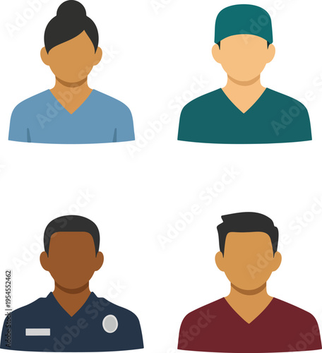 Flat design set of four healthcare professional avatars featuring female nurse in blue scrubs, surgeon in green cap, dark skin police officer, and casual male in maroon shirt
