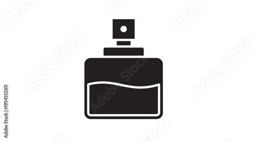 Perfume bottle icon with spray nozzle and liquid inside, representing fragrance and beauty products in a simple graphic design.