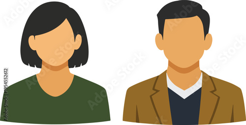 
Minimalist flat design avatar pair featuring faceless woman with bob haircut in green sweater and man in brown blazer jacket isolated on clean white background vector illustration