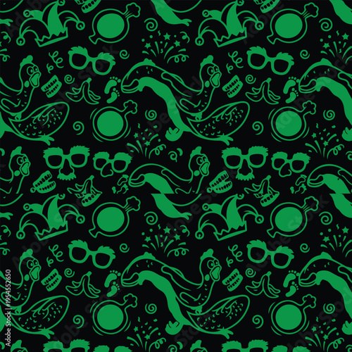 April Fools Day Seamless Pattern - Fun Prank and Joke Doodle Background with Rubber Chicken, Jester Hat, and Disguise Glasses