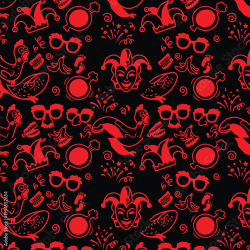 April Fools Day Seamless Pattern - Fun Prank and Joke Doodle Background with Red Jester Mask, Rubber Chicken, and Disguise Glasses