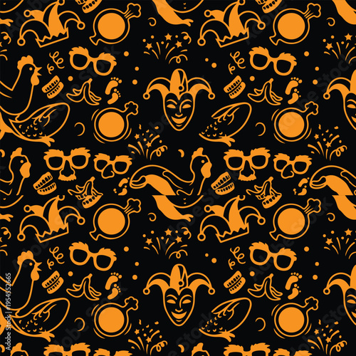 April Fools Day Seamless Pattern - Fun Prank and Joke Doodle Background with Orange Rubber Chicken, Jester Mask, and Disguise Glasses