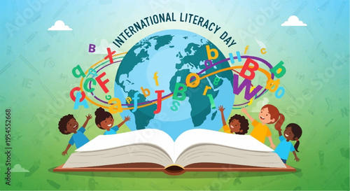 Children celebrating international literacy day with open book and globe