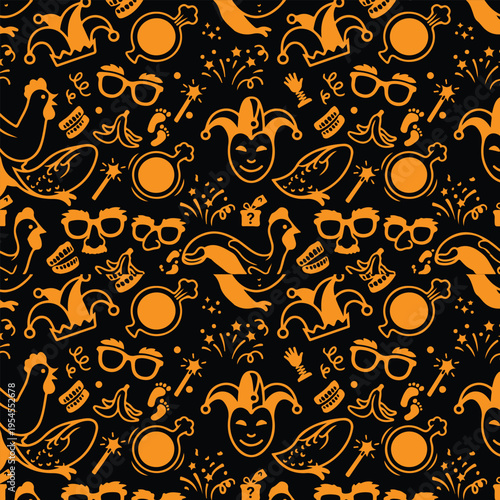 April Fools Day Seamless Pattern - Fun Prank and Joke Doodle Background with Orange Rubber Chicken, Jester Mask, Magic Wand and Surprise Box