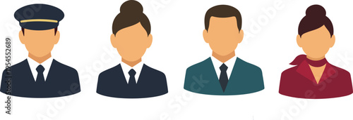 
Flat vector avatar set of four uniformed professionals including male captain in blue hat, businesswoman with bun, male executive in tie, and female staff in red uniform