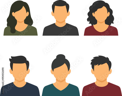 
Flat design set of six diverse faceless avatars featuring long hair woman, bald man, curly hair woman, young man, bun hair woman, and short hair male character