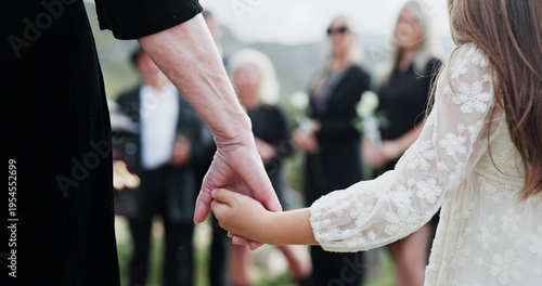 Canvas Print Holding hands, grandmother or girl in graveyard, back or emotion for grief, bereavement or healing
