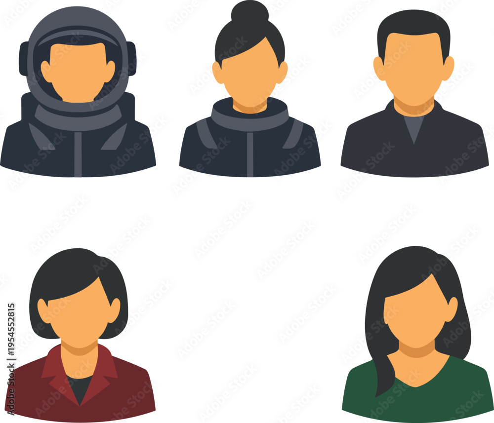 Fototapeta premium Flat design avatar set featuring astronaut in space suit, female pilot in uniform, faceless male professional, businesswoman in red jacket, and woman in green outfit isolated white background