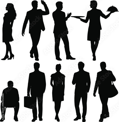 Black silhouette collection of diverse professional people including business figures, food service staff, seated individuals, briefcase carriers vector illustration design