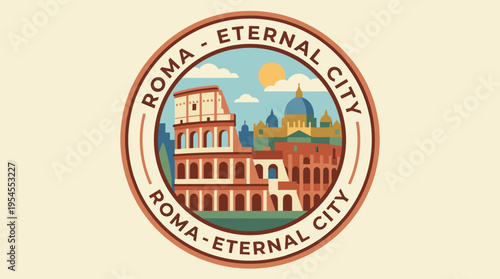 Colosseum and St Peters Basilica Rome Eternal City Emblem.