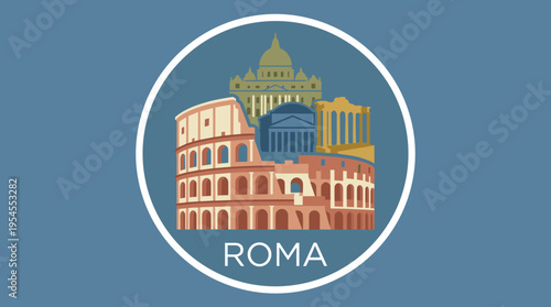 Iconic Roman Landmarks Collection in a Circle.