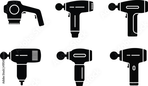 Set of massage gun icons black silhouette vector illustration for health and fitness apps isolated on white background