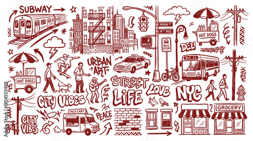 Hand drawn doodle set of New York City urban life elements and street scenes