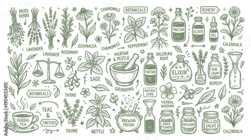 Hand drawn herbal medicine set with plants and apothecary bottles