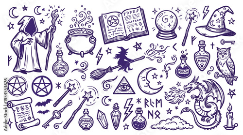 Hand drawn magic and witchcraft elements collection