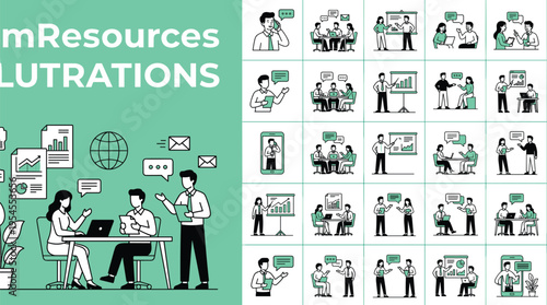 Business human resources illustration set with corporate team communication recruitment interview professional presentation and office workplace icons