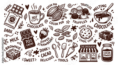Hand Drawn Chocolate Elements Collection with Sweets and Baking Tools