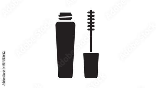 Mascara tube and wand icon with black silhouette against a white background, symbolizing eye makeup application.