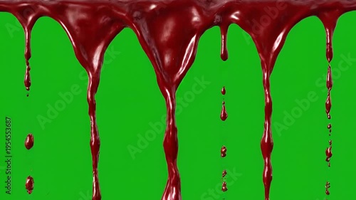 Red liquid dripping on green screen background, blood effect video 4k Video