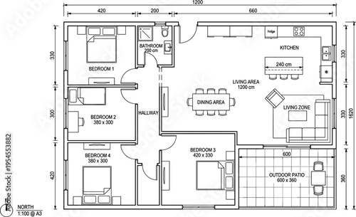 Four bedroom residential house floor plan with detailed interior layout furniture placement technical dimensions and outdoor patio area