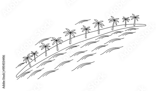 Minimalist tropical coastline with palm trees and waves black and white vector illustration