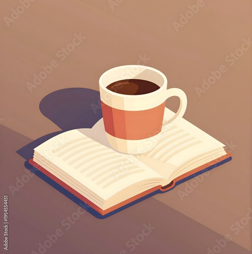 Isometric Coffee Mug on Open Book - Flat Design Illustration for Reading and Study