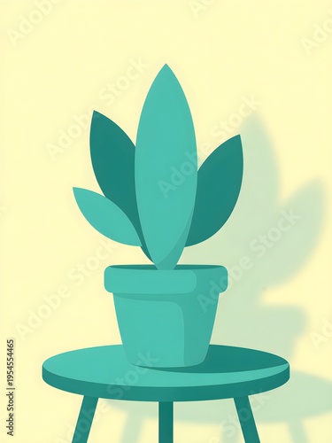 Minimalist Potted Plant on Table with Subtle Shadow, Flat Design Illustration