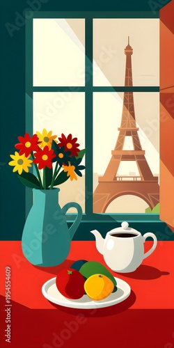Vibrant Flat Design Illustration: Parisian Morning Still Life with Eiffel Tower View