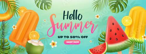 Hello Summer Beach Banner with Fresh Fruits and Tropical Theme