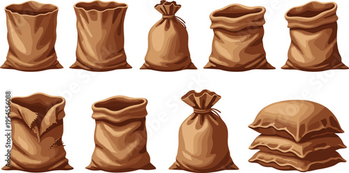 Empty burlap sack illustration set rustic fabric bags collection storage packaging agricultural supplies isolated white background vector design