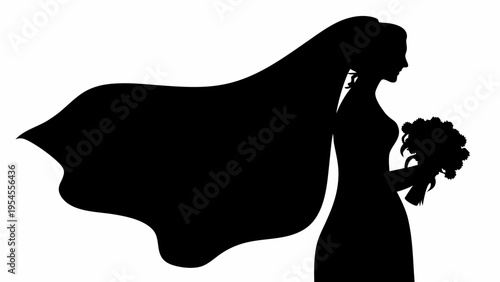 Elegant Black Silhouette of a Bride with Flowing Veil Holding Bouquet on Wedding Day