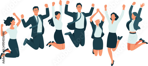 Excited business team jumping together celebrating success and teamwork, corporate achievement and motivation concept, happy professional colleagues, 