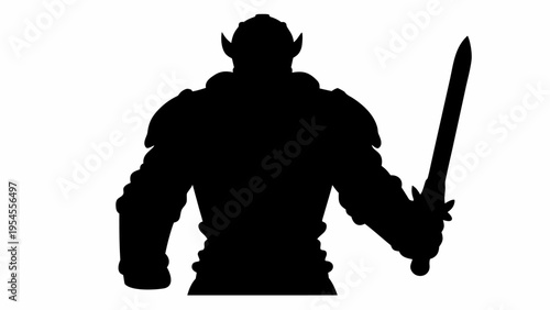 Black silhouette of a muscular horned warrior holding a sword